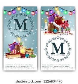 Two Christmas banners with a mountain of gifts