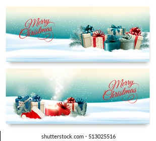 Two Christmas banners with presents and magic box. Vector. 