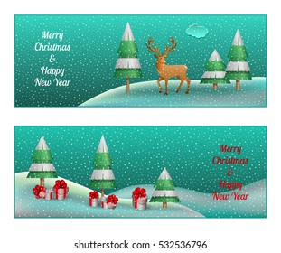 Two Christmas banners with presents,snow, forest, hils and reindeer. Vector illustration.