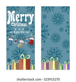 Two Christmas banners in retro style. Gifts, snowflakes and garlands of boots, hats and colored lights. Flat.