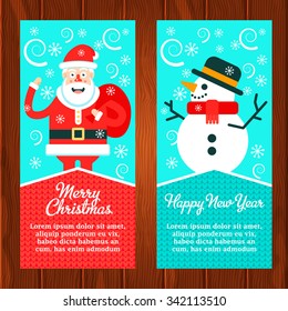 Two christmas banners with santa claus and snowman saved on wooden texture. Fully editable vector illustration. 