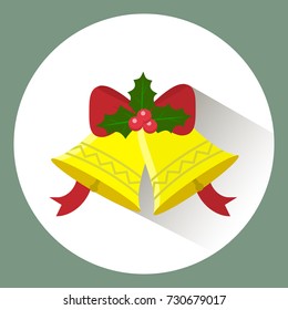 Two Christmas bells with a bow, leaves and holly berries. Icon in white circle with shadow. Colorful holiday icon. Vector illustration, flat design.