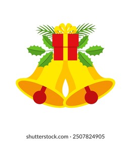 Two Christmas bells with gift box and floral garland. Door wreath design element. Winter holiday decoration for greeting cards, poster and templates. Flat cartoon vector icon on white background.