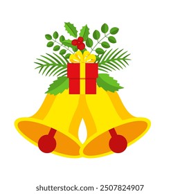 Two Christmas bells with gift box and floral garland. Door wreath design element. Winter holiday decoration for greeting cards, poster and templates. Flat cartoon vector icon on white background.