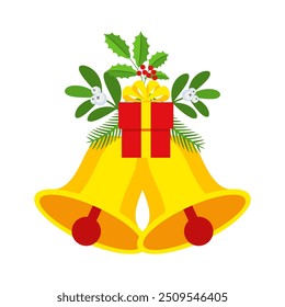 Dois sinos de Natal com caixa de presente e grinalda floral. Elemento de design de coroa de flores. Decoração de férias de inverno para cartões de felicitações, cartaz e modelos. Ícone de vetor de desenho animado plano sobre fundo branco.