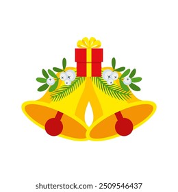 Two Christmas bells with gift box and floral garland. Door wreath design element. Winter holiday decoration for greeting cards, poster and templates. Flat cartoon vector icon on white background.