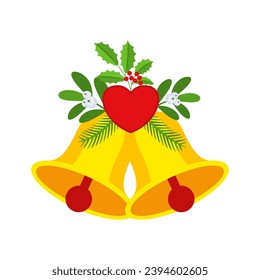 Two Christmas bells with heart and floral garland. Door wreath design element. Winter holiday decoration for greeting cards, poster and templates. Flat cartoon vector icon on white background.