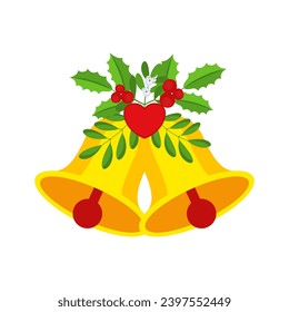 Two Christmas bells with heart and floral garland. Door wreath design element. Winter holiday decoration for greeting cards, poster and templates. Flat cartoon vector icon on white background.