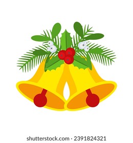 Two Christmas bells with holly berry floral garland. Door wreath design element. Winter holiday decoration for celebration, greeting cards, poster and templates. Flat cartoon vector icon.
