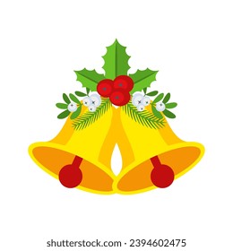 Two Christmas bells with holly berry floral garland. Door wreath design element. Winter holiday decoration for celebration, greeting cards, poster and templates. Flat cartoon vector icon.