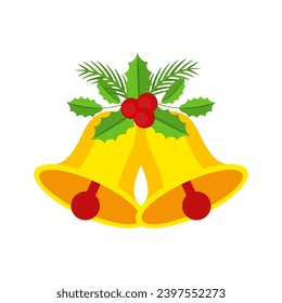 Two Christmas bells with holly berry floral garland. Door wreath design element. Winter holiday decoration for celebration, greeting cards, poster and templates. Flat cartoon vector icon.