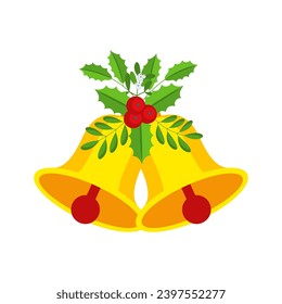 Two Christmas bells with holly berry floral garland. Door wreath design element. Winter holiday decoration for celebration, greeting cards, poster and templates. Flat cartoon vector icon.