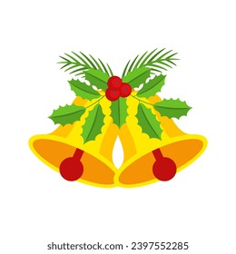 Two Christmas bells with holly berry floral garland. Door wreath design element. Winter holiday decoration for celebration, greeting cards, poster and templates. Flat cartoon vector icon.