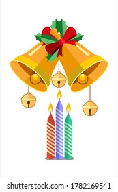 Two Christmas Bells with Jingle Bells on Top of a Colorful Candles