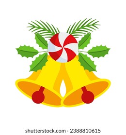 Two Christmas bells with lollipop and floral garland. Door wreath design element. Winter holiday decoration for greeting cards, poster and templates. Flat cartoon vector icon on white background.