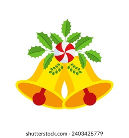 Two Christmas bells with lollipop and floral garland. Door wreath design element. Winter holiday decoration for greeting cards, poster and templates. Flat cartoon vector icon on white background.