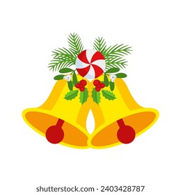 Two Christmas bells with lollipop and floral garland. Door wreath design element. Winter holiday decoration for greeting cards, poster and templates. Flat cartoon vector icon on white background.