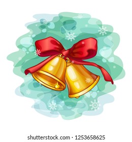 Two Christmas bells on a red bow. Vector holiday illustration on background with imitation of watercolor.