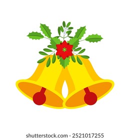 Two Christmas bells with poinsettia flower and fir branch floral garland. Door wreath design element. Winter holiday decoration icon. Flat cartoon vector icon on white background.