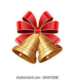 Two Christmas bells with red bow isolated on white background, illustration.