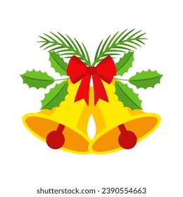 Two Christmas bells with red bow and leaf decor. Door wreath, garland design element. Seasonal winter holiday decoration. Merry Christmas and New Year greeting card template. Flat cartoon vector icon.