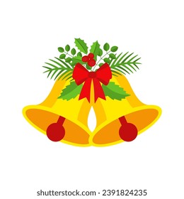 Dos campanas navideñas con decoración de arco rojo y hojas. Correa de puerta, elemento de diseño de garland. Decoración de temporada de vacaciones de invierno. Plantilla de tarjetas de felicitación de Feliz Navidad y Año Nuevo. Icono de vector de dibujos animados planos.