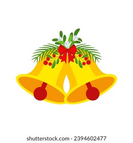 Dos campanas navideñas con decoración de arco rojo y hojas. Correa de puerta, elemento de diseño de garland. Decoración de temporada de vacaciones de invierno. Plantilla de tarjetas de felicitación de Feliz Navidad y Año Nuevo. Icono de vector de dibujos animados planos.