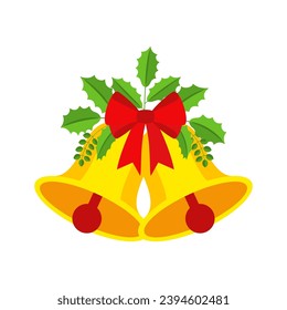 Dos campanas navideñas con decoración de arco rojo y hojas. Correa de puerta, elemento de diseño de garland. Decoración de temporada de vacaciones de invierno. Plantilla de tarjetas de felicitación de Feliz Navidad y Año Nuevo. Icono de vector de dibujos animados planos.