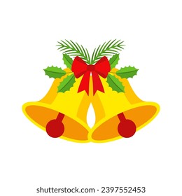 Two Christmas bells with red bow and leaf decor. Door wreath, garland design element. Seasonal winter holiday decoration. Merry Christmas and New Year greeting card template. Flat cartoon vector icon.