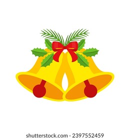Two Christmas bells with red bow and leaf decor. Door wreath, garland design element. Seasonal winter holiday decoration. Merry Christmas and New Year greeting card template. Flat cartoon vector icon.