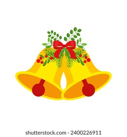 Two Christmas bells with red bow and leaf decor. Door wreath, garland design element. Seasonal winter holiday decoration. Merry Christmas and New Year greeting card template. Flat cartoon vector icon.