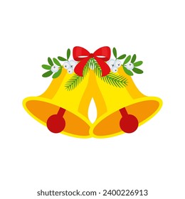 Two Christmas bells with red bow and leaf decor. Door wreath, garland design element. Seasonal winter holiday decoration. Merry Christmas and New Year greeting card template. Flat cartoon vector icon.