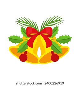 Two Christmas bells with red bow and leaf decor. Door wreath, garland design element. Seasonal winter holiday decoration. Merry Christmas and New Year greeting card template. Flat cartoon vector icon.