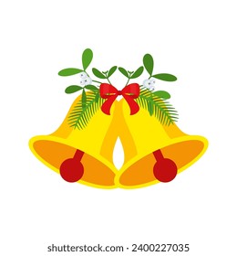 Two Christmas bells with red bow and leaf decor. Door wreath, garland design element. Seasonal winter holiday decoration. Merry Christmas and New Year greeting card template. Flat cartoon vector icon.