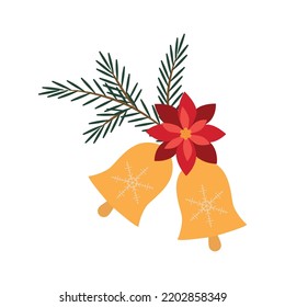Two Christmas bells with a red flower and a spruce branch. vector illustration