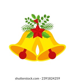 Two Christmas bells with red star and floral garland. Door wreath design element. Winter holiday decoration for greeting cards, poster and templates. Flat cartoon vector icon on white background.