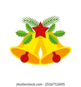 Two Christmas bells with red star and floral garland. Door wreath design element. Winter holiday decoration for greeting cards, poster and templates. Flat cartoon vector icon on white background.
