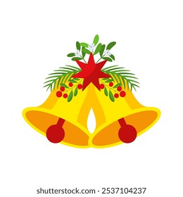 Two Christmas bells with red star and floral garland. Door wreath design element. Winter holiday decoration for greeting cards, poster and templates. Flat cartoon vector icon on white background.