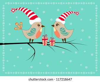 Two Christmas birds. Vector illustration.