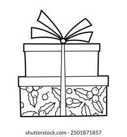 Two Christmas boxes with ribbon. Outline illustration, isolated on white background. 