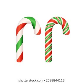 Two Christmas candy canes with red, green, and white stripes on a white background. Festive holiday treat concept. Vector illustration