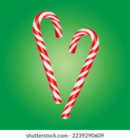 Two christmas candy canes. Santa's stripes cane. Sticker in cartoon style with contour. Vector illustration. Green background.