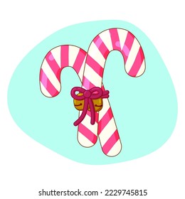 Two Christmas candy canes tied with rippon and bells, gift for Christmas, isolated item, flat cartoon vector illustration.