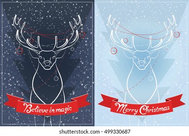 Two Christmas card with deer. Decorations, snow. Day and night version. Blue, red and white colors.
