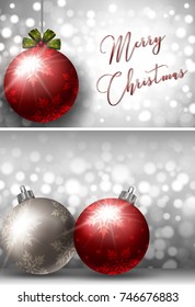 Dos plantillas de tarjetas de navidad con ilustración de bola de plata y rojo