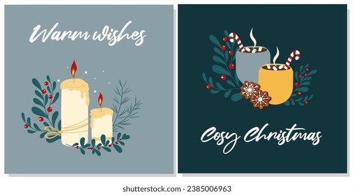 Two Christmas cards with cosy candles, hot cocoa cups and gingerbread snowflakes. Elegant hand drawn vector design.