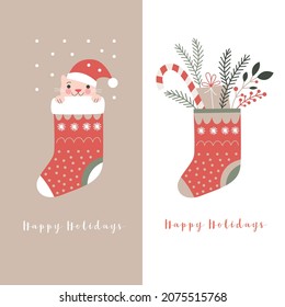 Two Christmas cards, christmas stocking	
