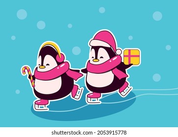 two Christmas characters - penguins in santa's cup with gifts skating by the hands on skating rink