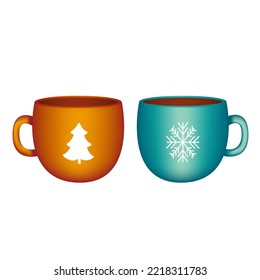 Dos tazas navideñas de bebidas con fondo blanco