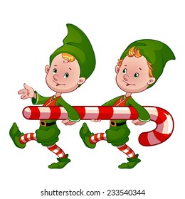 Two Christmas elf with candy. Vector clip-art illustration on a white background.